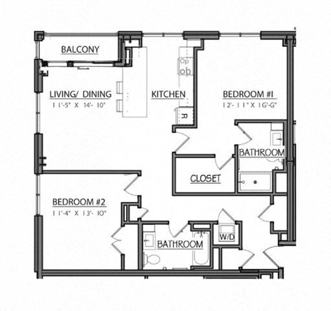 Floor plan for 2 beds, 2 baths, 1098 sqft